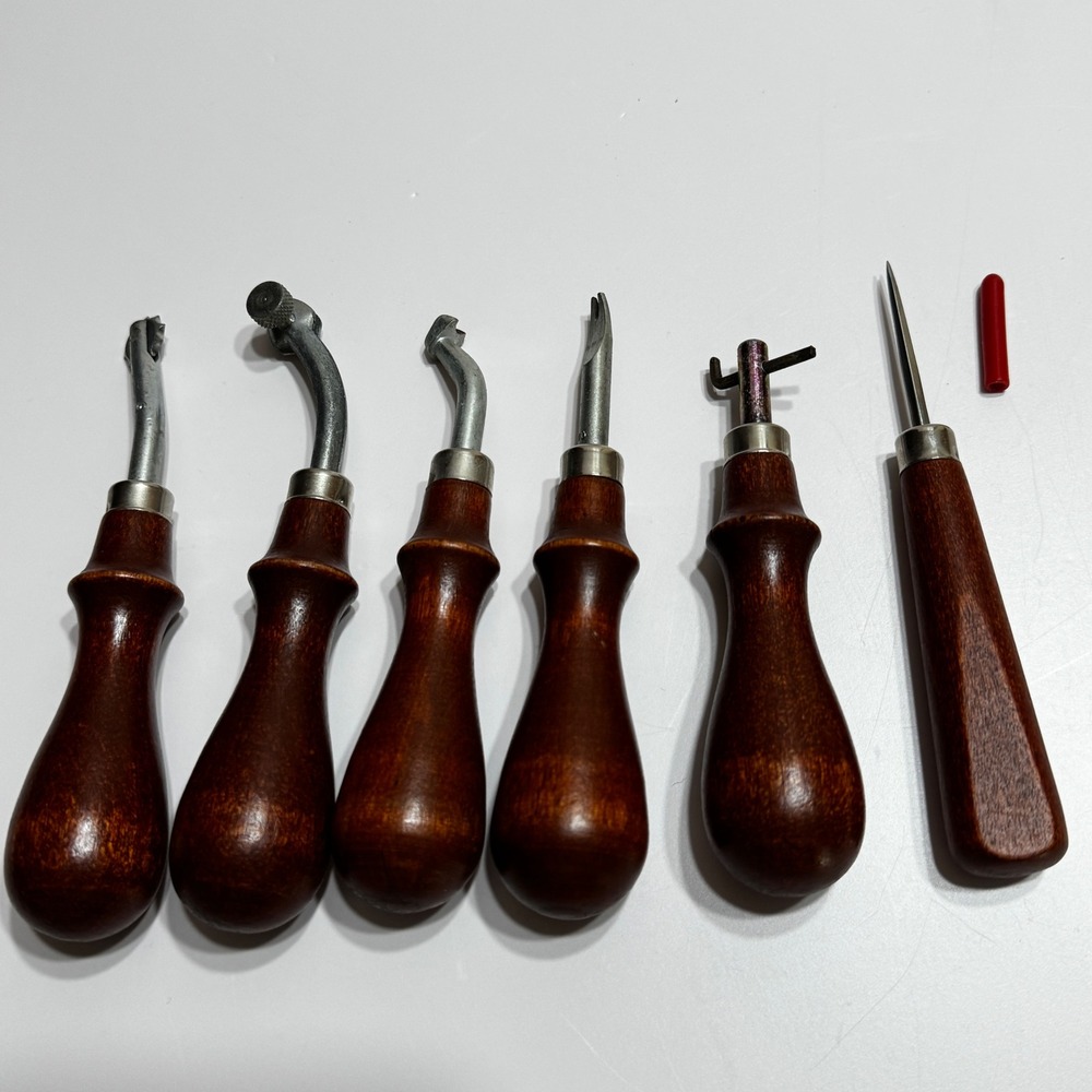 Vintage Leatherworking Hand Tool Set 6pc Wood Handle Awl Groover Edger Wheel